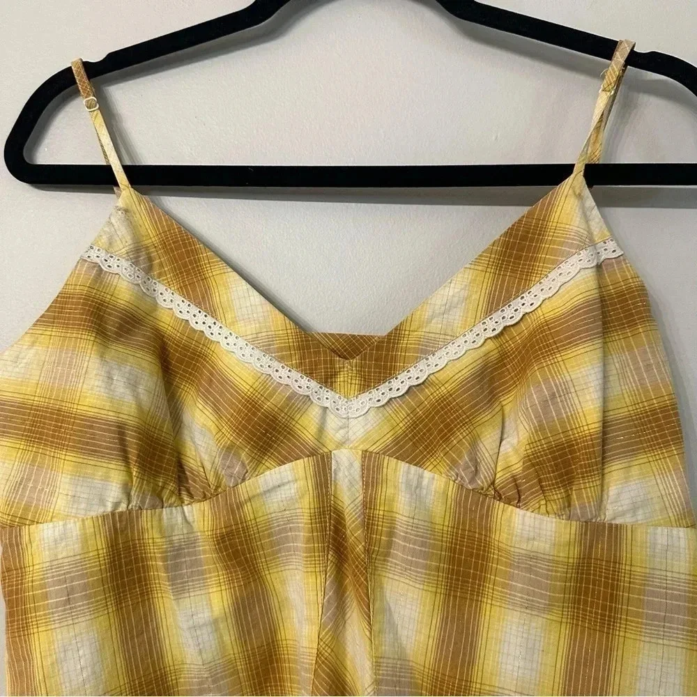 Roper Yellow Plaid Spaghetti Strap with Lace Detail Blouse Size Large